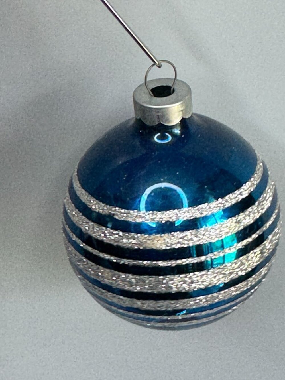 Vintage USA Blue Silver Glitter Stripe Glass Christmas Ornament 2 1/2" - Picture 5 of 6